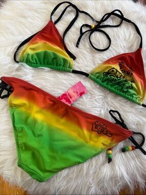 2008 Vintage Xhilaration Bikini One love bob marley Jamaican Rasta colors Small